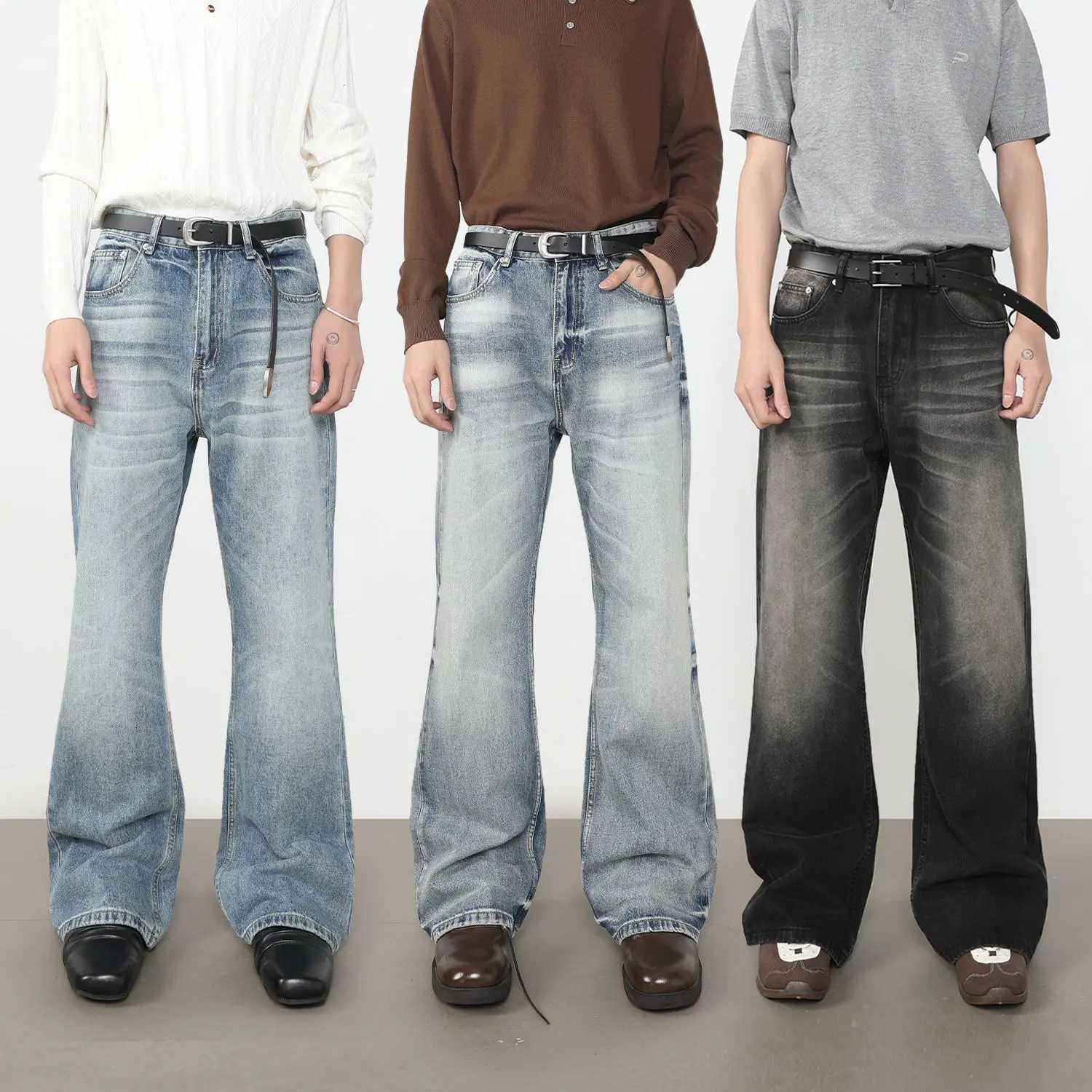 American High Street Style Fashion Men's Loose Washed Straight Flare Jeans Pants Male Simple Basic Casual Daily Denim Trousers