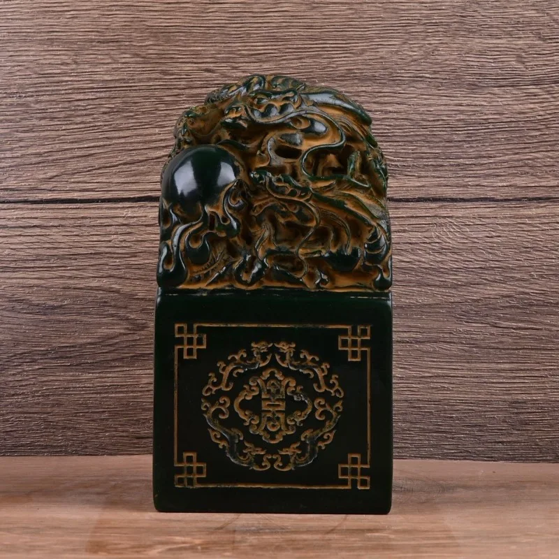 Chinese Green Jade Dragon Seal 9 Dragons Play with Pearl Imperial Stamp Artificial Stone Sculpture Feng Shui Home Decor
