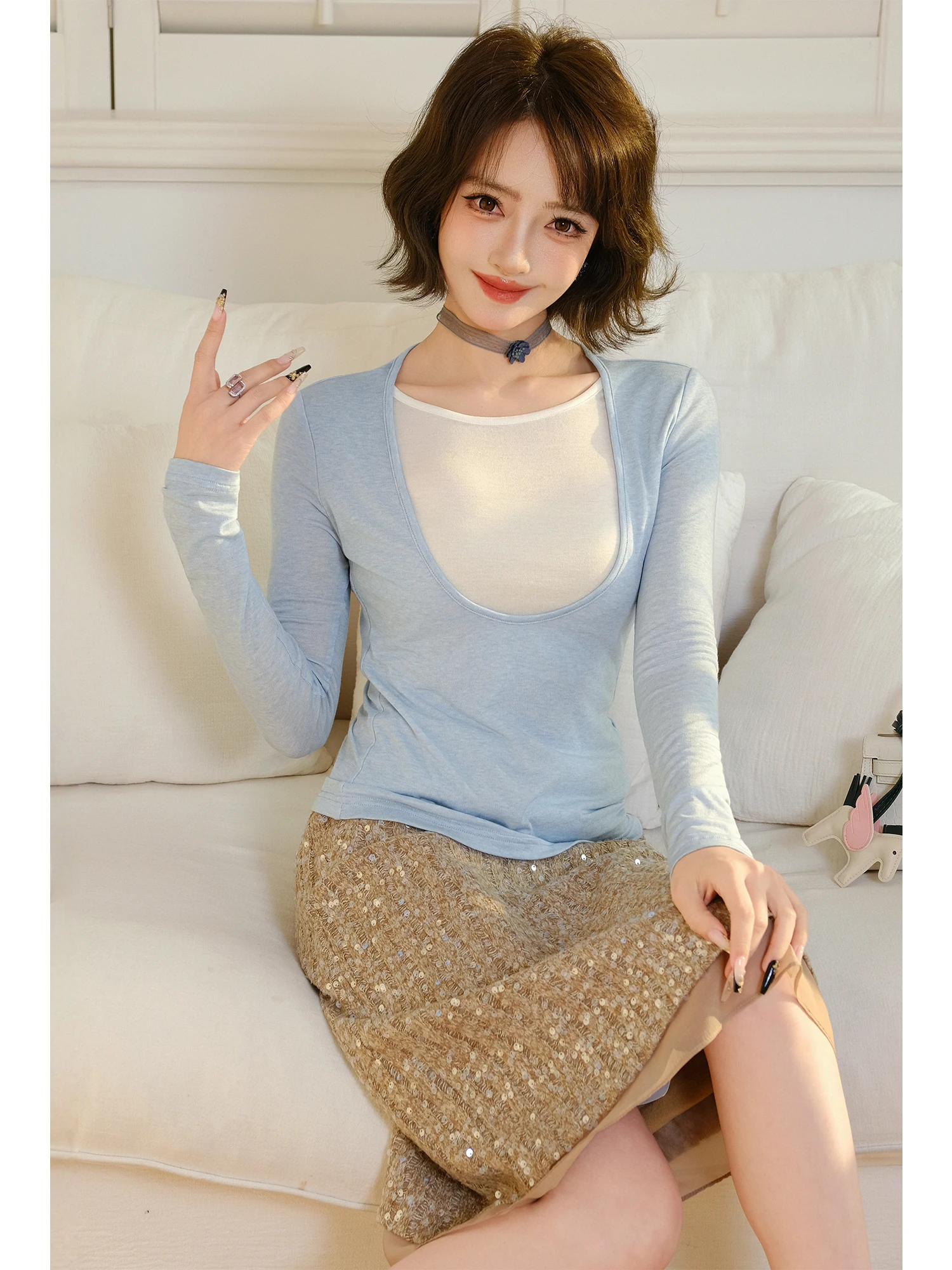 

MIUCO Высококачественный женский топ из шерстяной смеси с эффектом двухслойности, приталенный, мягкий, комфортный, с длинным рукавом