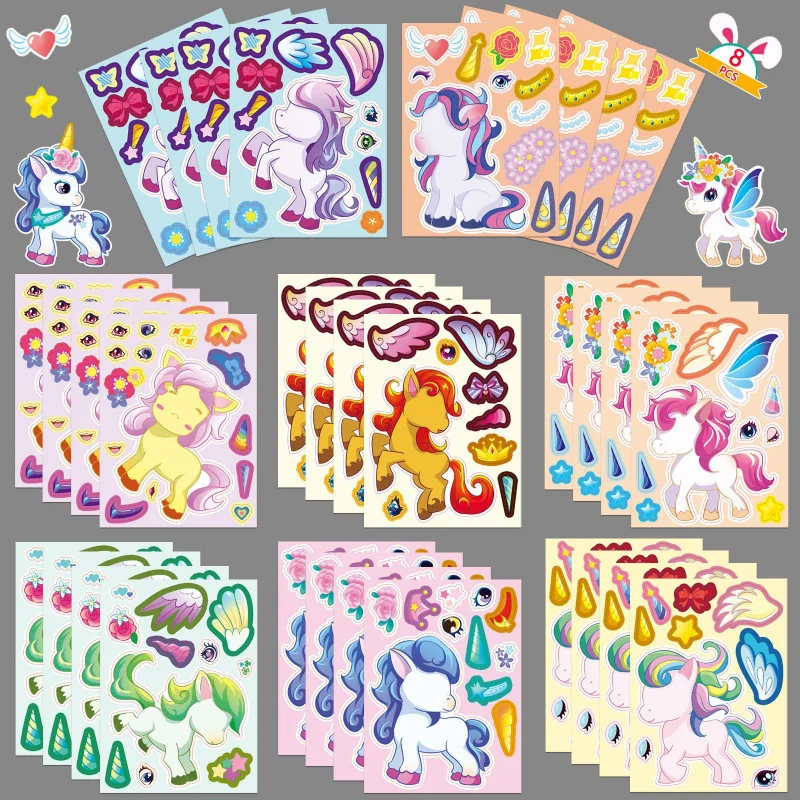 8Style/Bag Original Unicorn Face Changing Suit Stickers Cartoon Cute Children Baby Early Childhood Education Puzzle Stickers