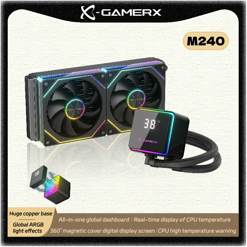 

Охладитель воды PowerTrain X-GAMER M240, 240 мм, глобальные световые эффекты ARGB, 12 В, 360 ° экран цифрового дисплея с магнитной крышкой 26,9 дБ