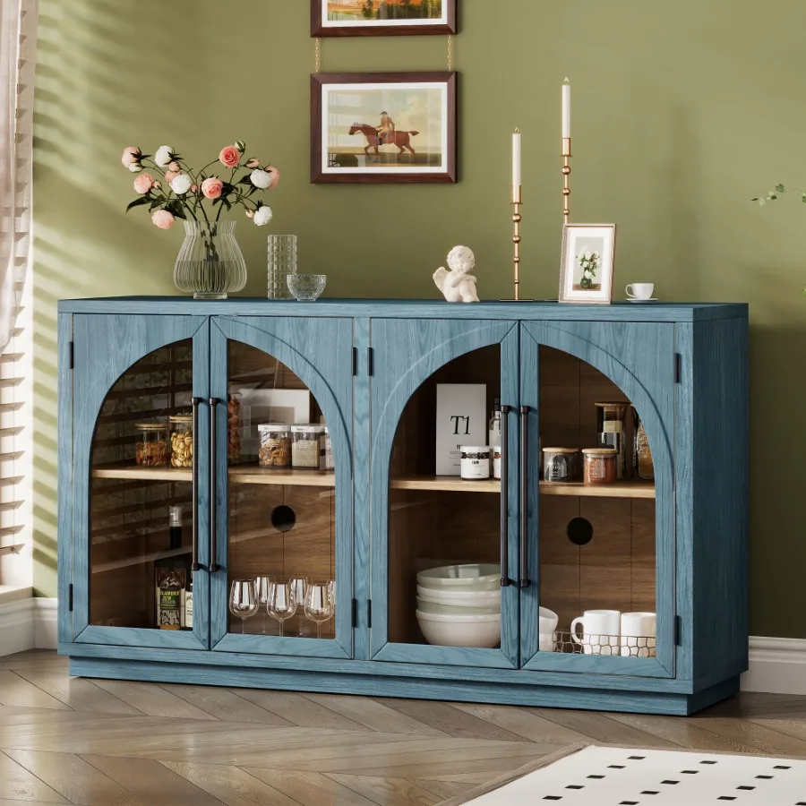 4-deurs retro dressoir met grote opbergruimte, metalen handgrepen en verstelbare planken voor keuken, eetkamer en woonkamer