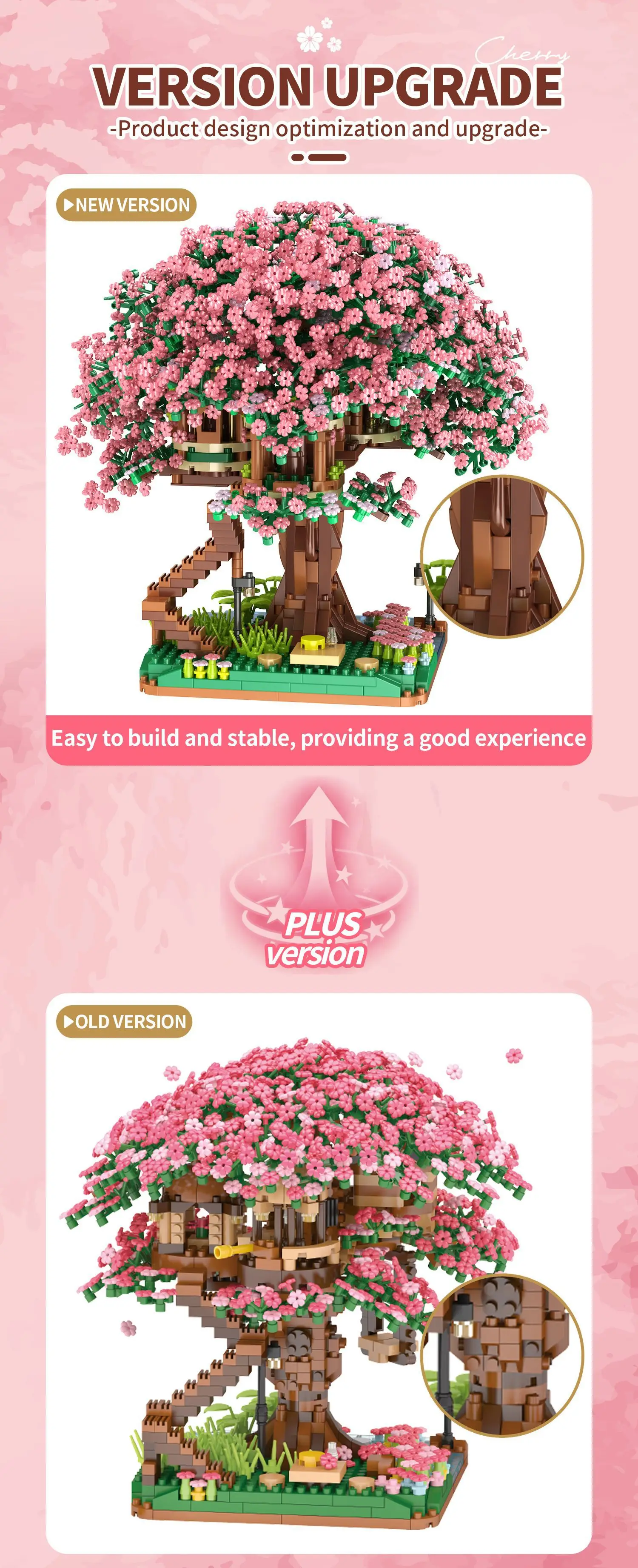 Baumhaus-Baustein-Set, Regenbogen-Sakura, Weihnachten, rote Kirschblüten, 3D-Modell, Mini-Bausteine, Figuren, Spielzeug für die Heimdekoration – Detail 15
