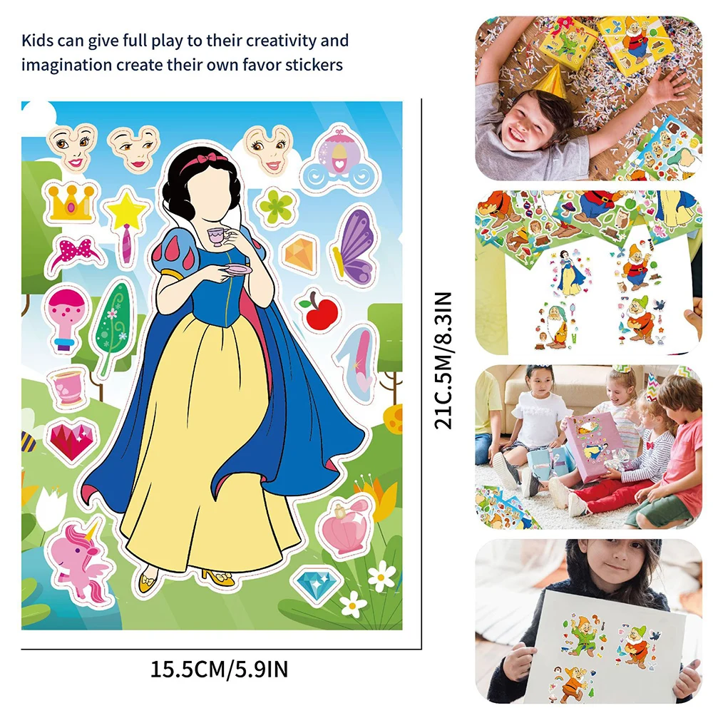 8/16Sheets Disney Snow White Puzzle Stickers Games DIY Make a Face Children Assemble Jigsaw Kids Education Toy Craft Sticker