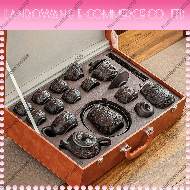 Handmade Purple Clay Teapot Dragon Carving Chinese Kung Fu Tea Pot Ceramic Hanwa Pot Pottery with Gift Box