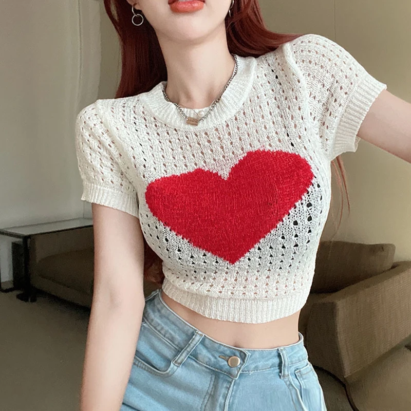 New Women Knitted Short Tops Red Heart Pattern Short Sleeve Round Neck Hollow-Out Street Style Cropped T-Shirt Sweet Casual