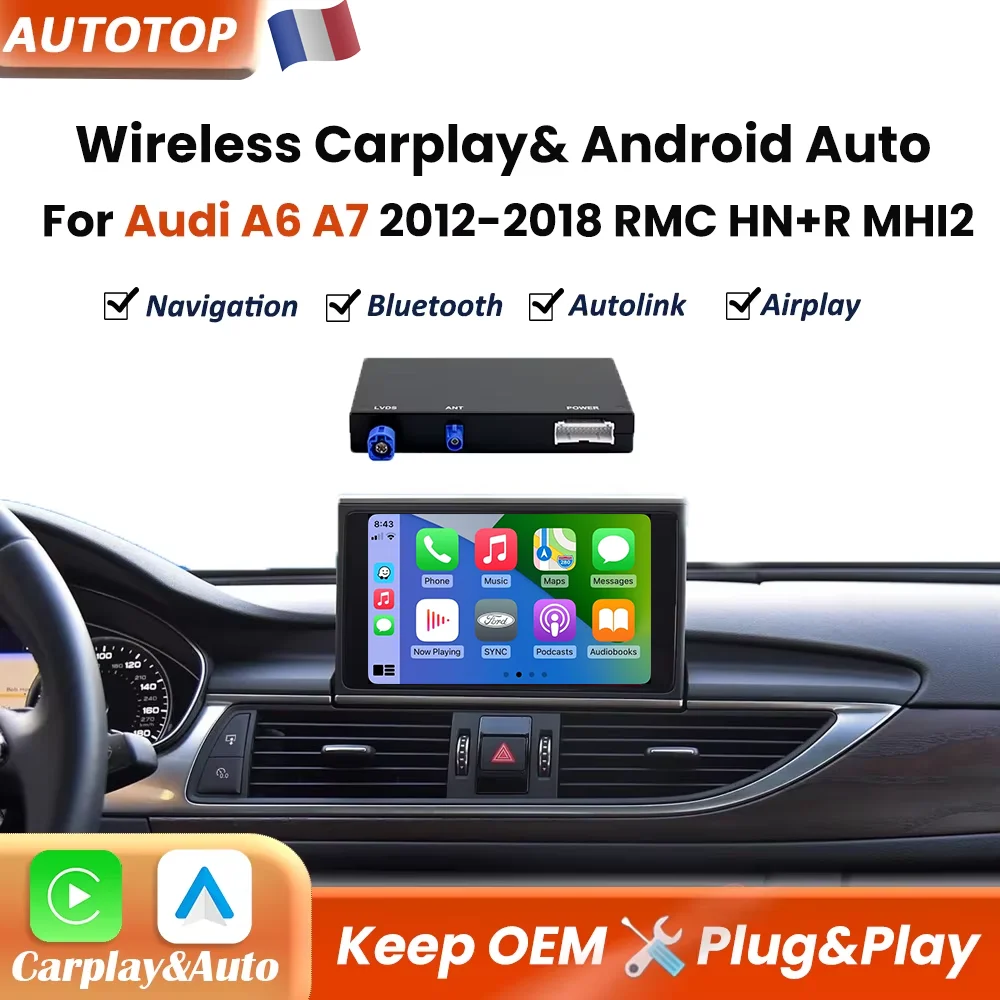 Décodeur sans fil CarPlay Android Auto Mirror Link pour Audi A6 C6 A7 2012 2013 2014 2015 2016 2017 2018 RMC HNR MHI2 MMI 3G BT GPS Navigation Module d'interface AUX