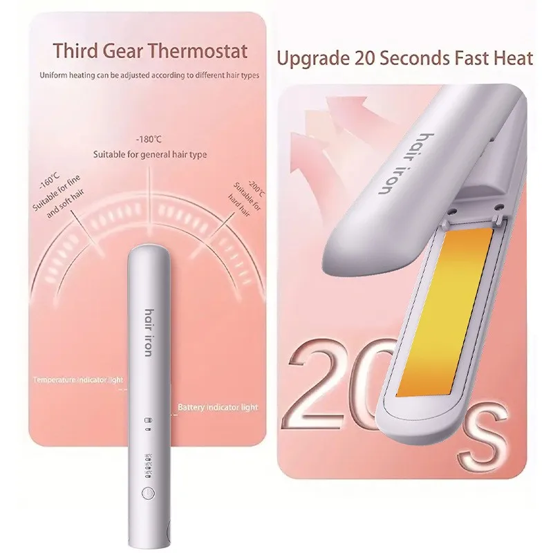 【NEWLY】Portable Mini Styling Iron Wireless Hair Straightener And Curler 2-In-1 With 3 Temperature Settings Heat