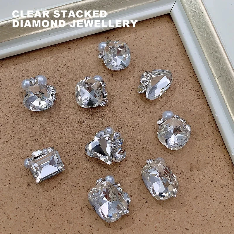 2Pcs White Transparent Stacked Rhinestones Pearl Nail Charms Luxury Crystal Diamond Nail Art Gems Sparkling DIY Manicure Decor