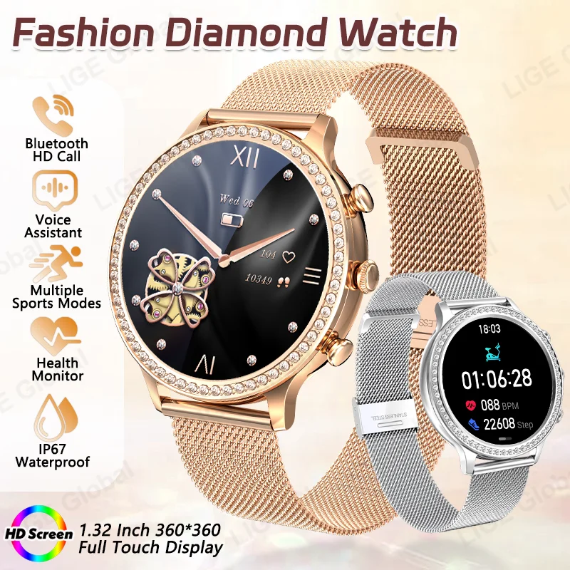 LIGE 2026 New Multifunctional Ladies Smartwatch Women Gift Bluetooth Call Fitness Sports Bracelet Health Monitor Diamond Watches