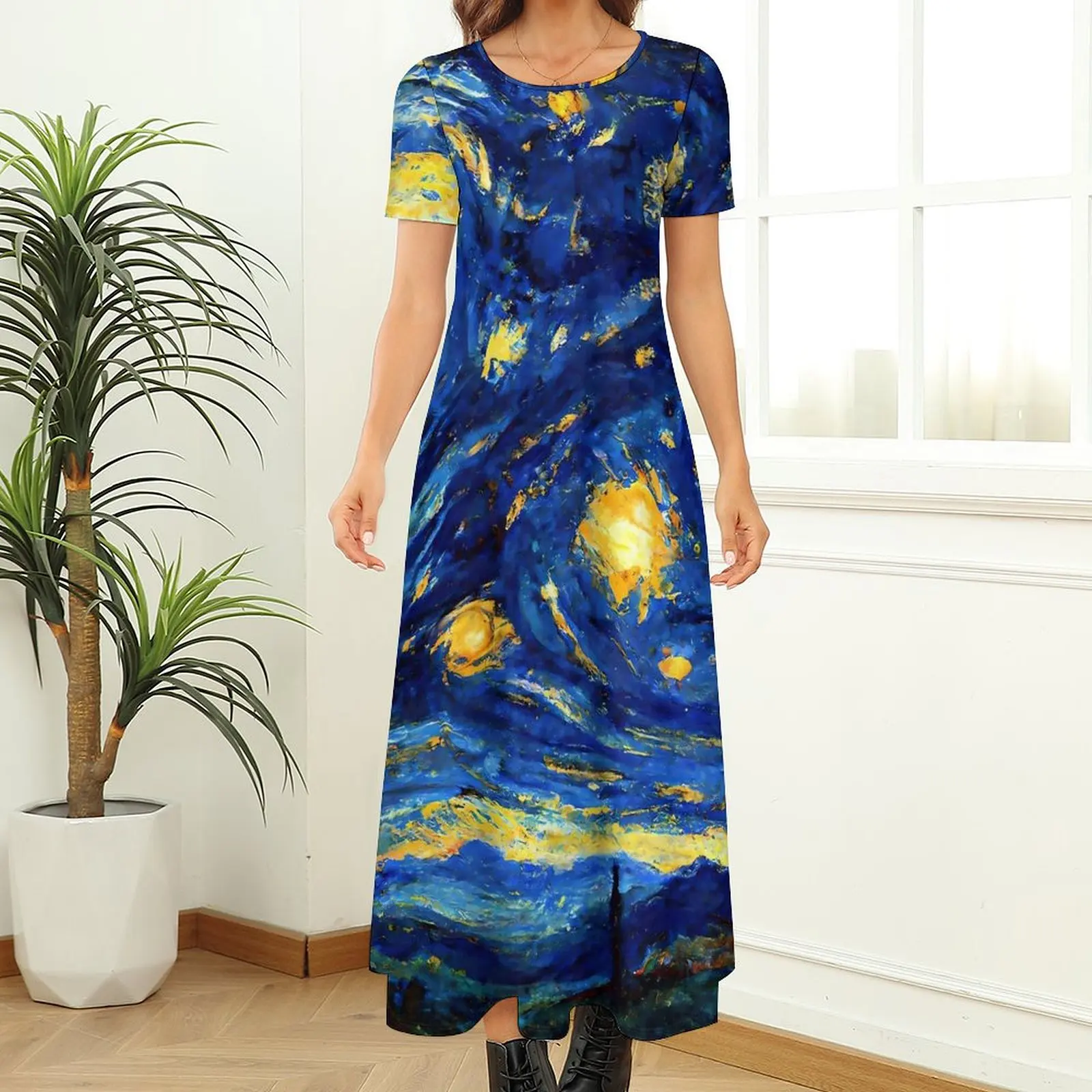 Oil Painting Dress Van Gogh Starry Night Vintage Maxi Dress Woman Short Sleeve Funny Boho Beach Long Dresses 5XL 6XL 7XL