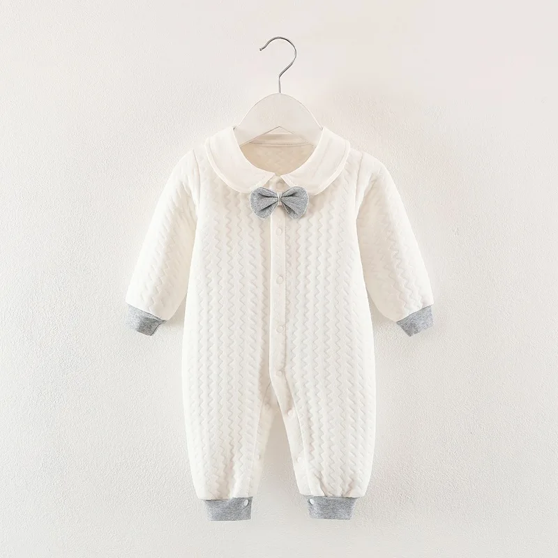 Autumn Ins Newborn Boys Jumpsuit 100% Cotton Plus Thick Bow Tie Warm Long Sleeve Baby Boys Bodysuit Infant Boys Outfits