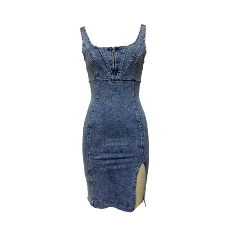 Vintage Slim Fit Denim Wrap Hip Dresses Women Casual Backless Suspenders Dress Female Front Back Zipper Split Hem Midi Gown 2024 view 3