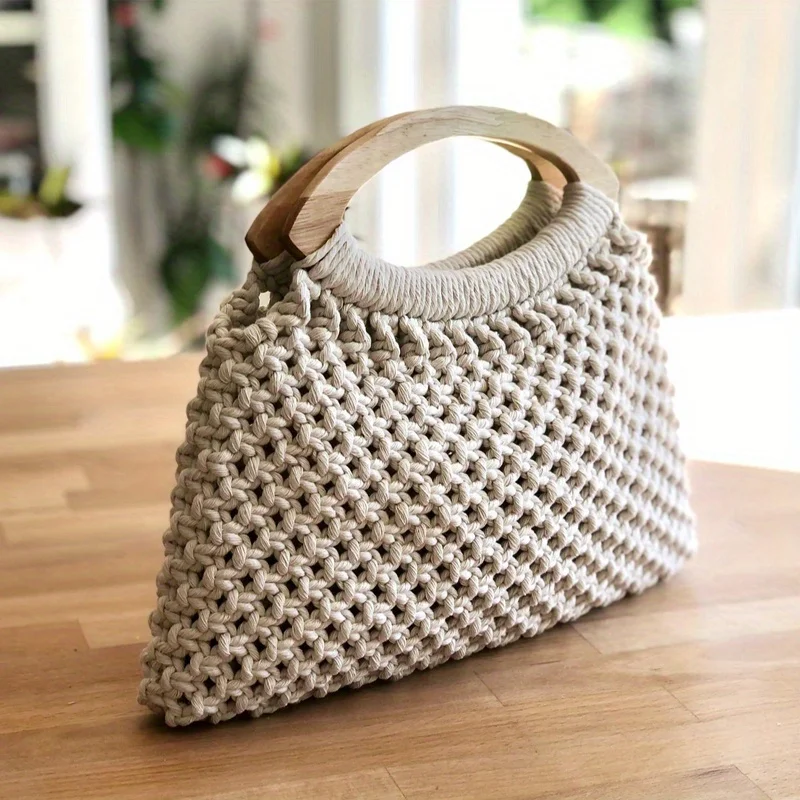 2PCS solid wood spliced D-shaped handles, oak woven handbag handles, beach bag solid wood wool crochet handles