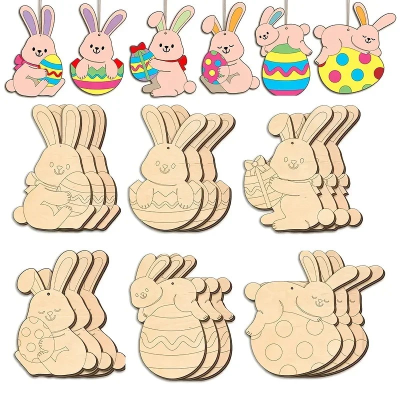 Easter Bunny & Egg Wooden Hanging Decorations- DIY Paint-Your-Own Craft Set with Twine,Colorful Blank Wood Chips for Party Decor