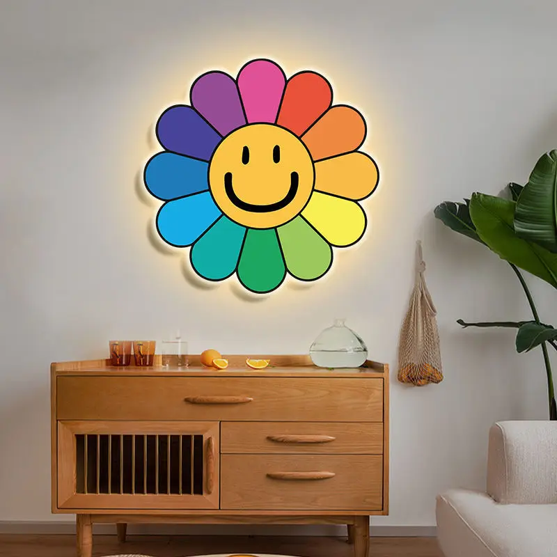 Nordic Rainbow Sunflower Wall Hanging Painting Smiling Face Colorful Sunflower Wall Mount Light Ornaments Living Room Home Decor