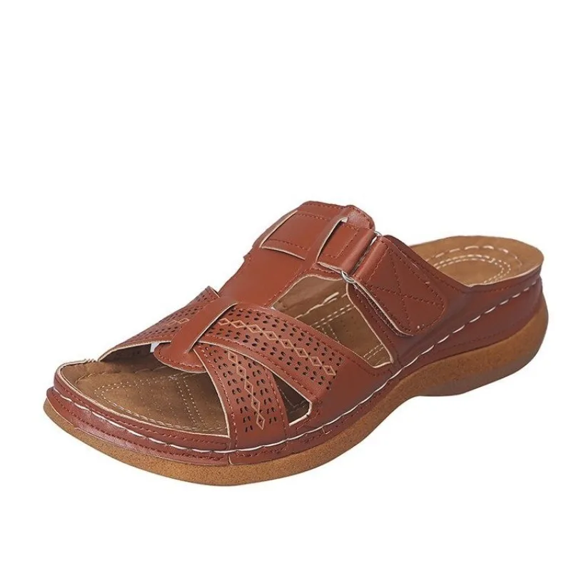 Hausschuhe Damen Sommer tragen dickbesohlte Sandalen, neue echte weiche Leder rutsch feste Umstands