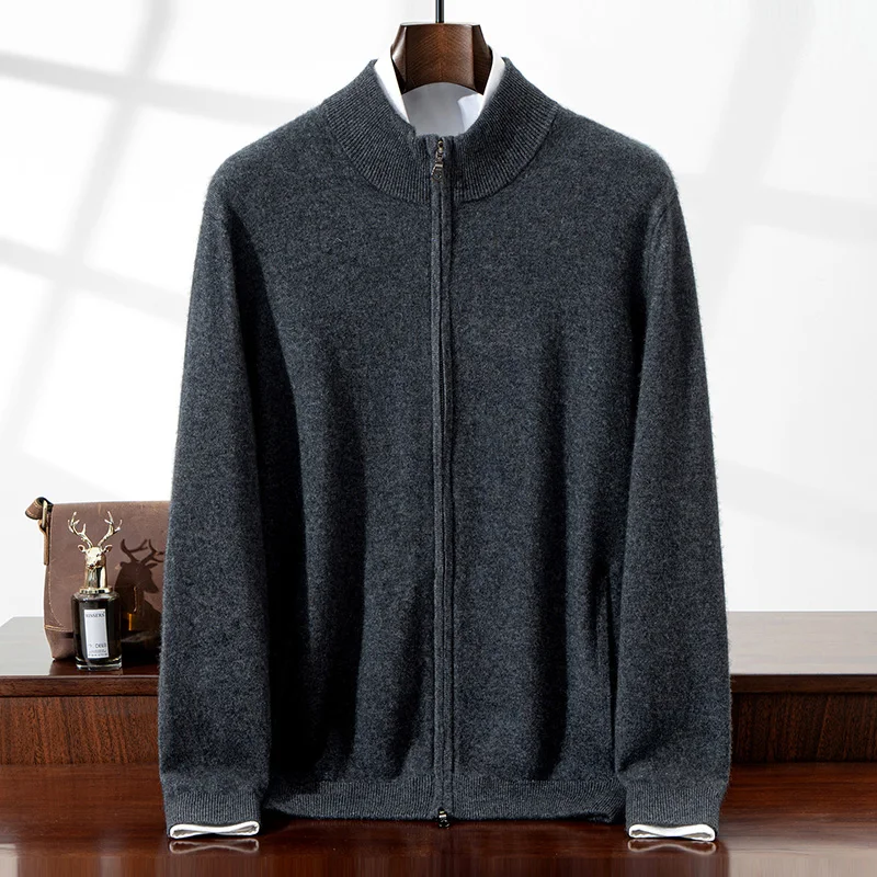 Nowy męski kardigan z dzianiny z kaszmirem 100%, z golfem, zapinany na podwójny zamek, jednolity kolor, z kieszeniami, ciepły płaszcz, kolekcja Jesień-Zima 25.
