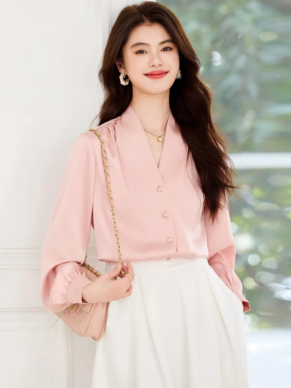 

Elegant V-neck Satin Shirt Women's Casual Versatile OL Fashion Simple Ladylike Style Button-up Long Sleeve Top