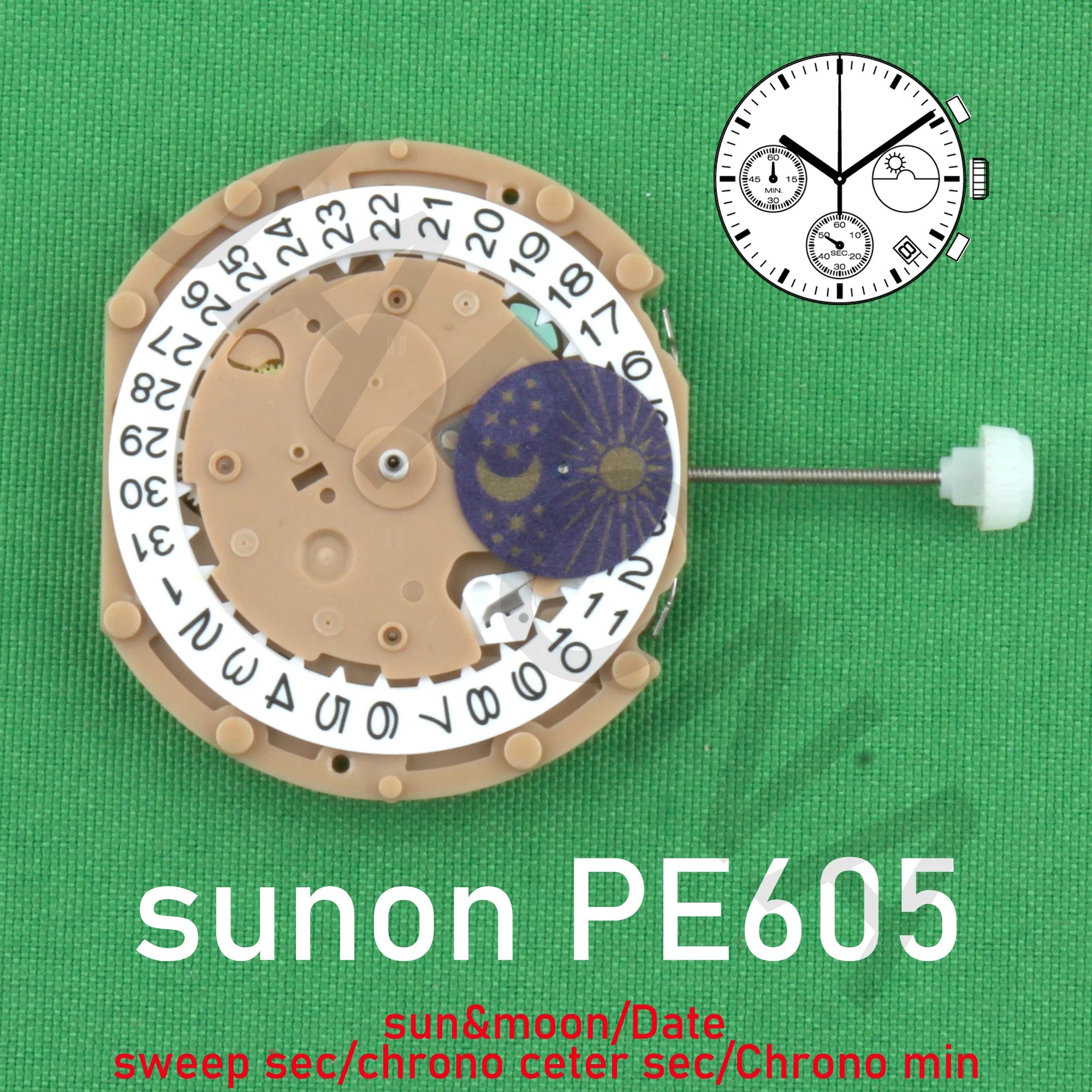 SUNON PE60 쿼츠 시계 무브먼트 스윕 세컨드 크로노그래프 크로노 센터 세컨드 크로노 분 날짜 태양 달, PE605 무브먼트