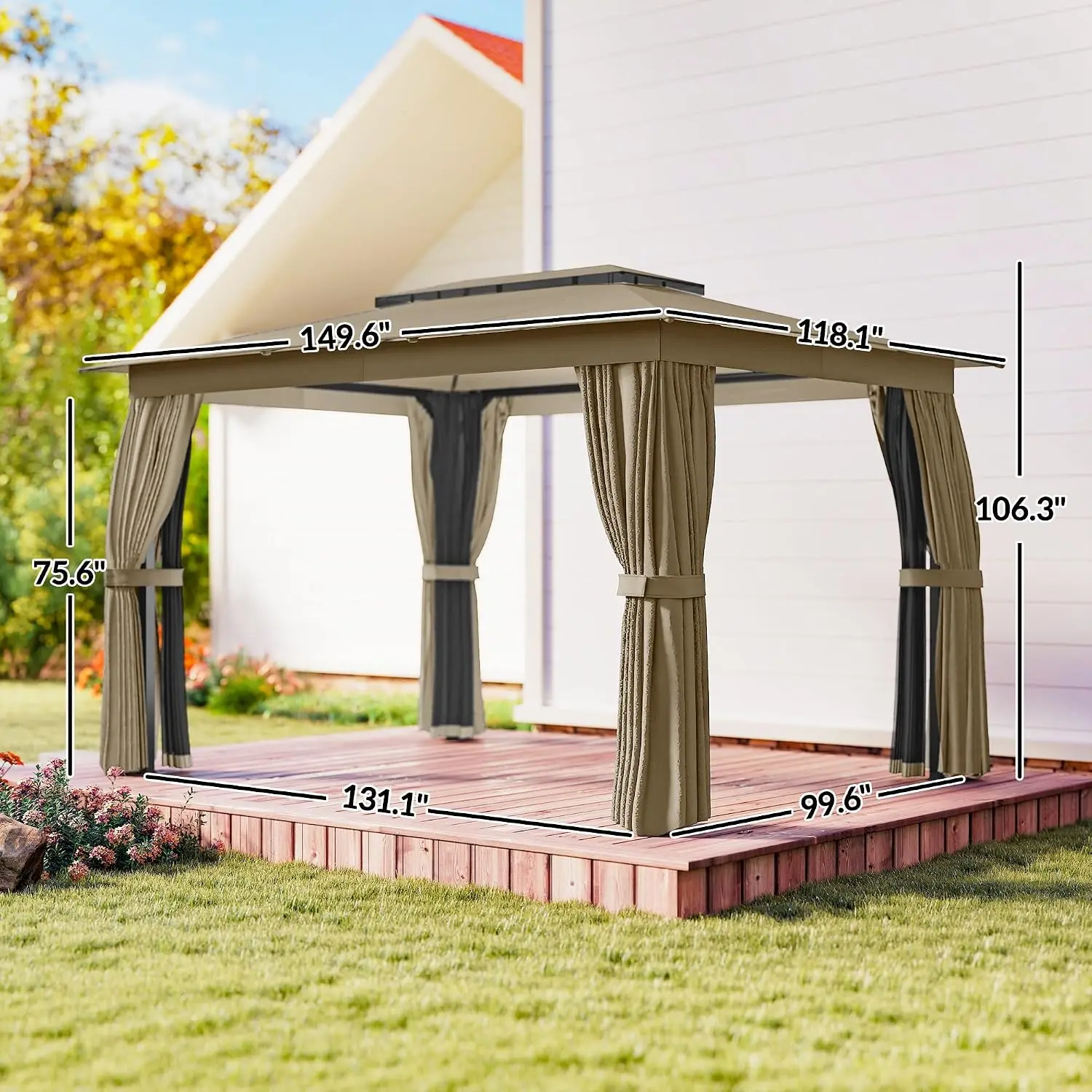 10x12 FT Khaki Outdoor Patio Gazebo with Double Roof, Steel Frame, Curtains, Mosquito Netting, UPF 30+ for Backyard