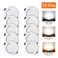 Downlight de teto LED com três cores, luz spot, embutida em, frio, quente, lâmpada branca, 220V, 5W, 9W, 15W, 10pcs