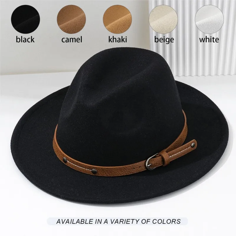 

Men's and women's felt hats with brown belt-buckle are casual versatile for travel vacation