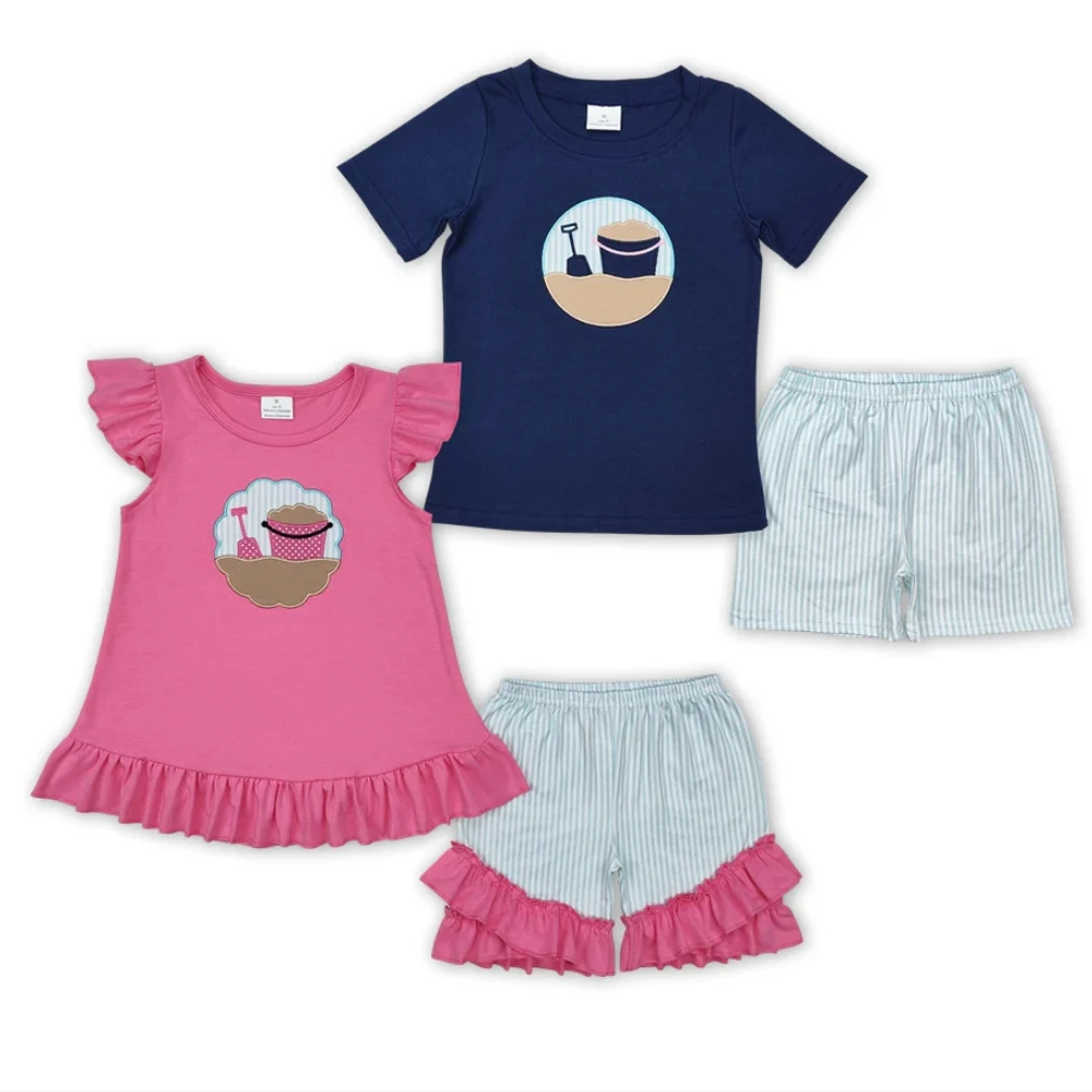 

New Arrival Best Price Costume Sibling Baby Kids Short Sleeves Embroidery Beach Top Light Blue Stripe Toddler Shorts Set