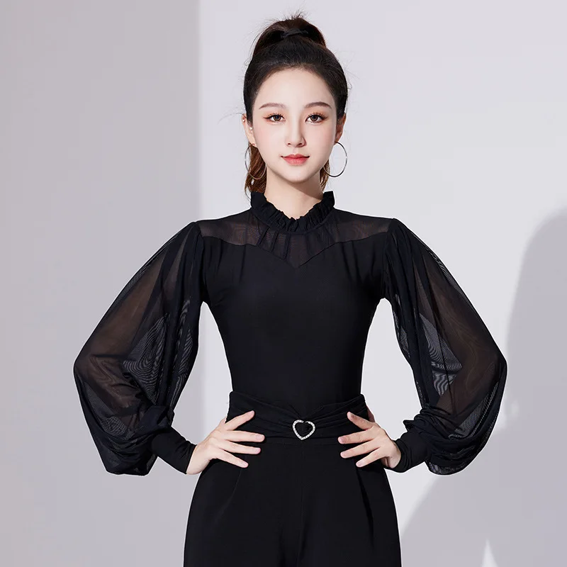 Solid Color Latin Dance Practice Long Sleeves Tops for Prom Line Costume Jazz Lace Patchwork Competition Classical Samba Rompers