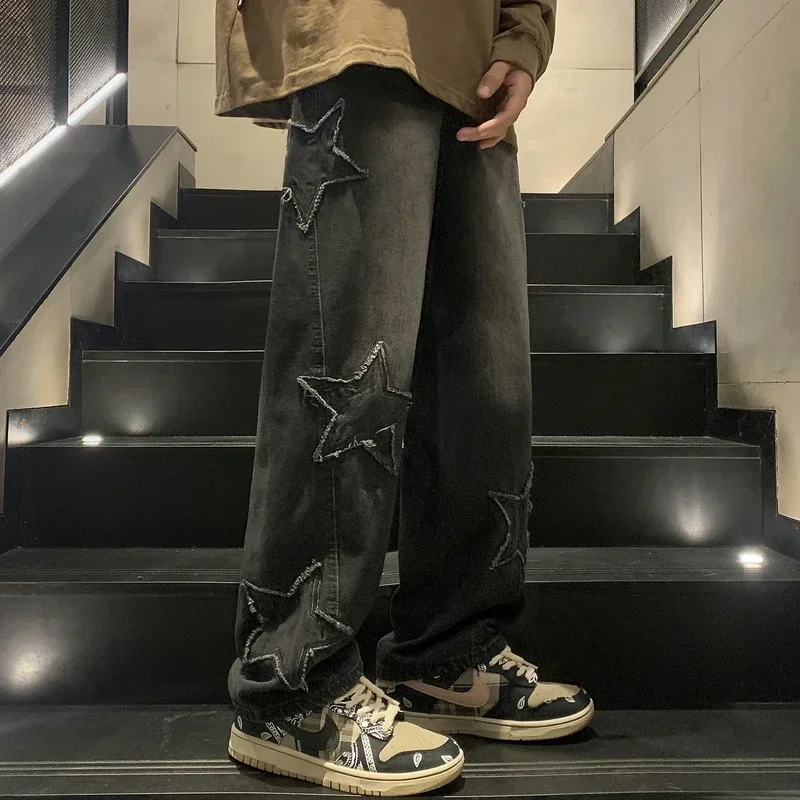 Jean Vintage à Jambes Larges pour Homme et Femme, Streetwear Bleu Coréen, Surdimensionné, Esthétique Étoile, Droit, Grunge, Denim, Y2K