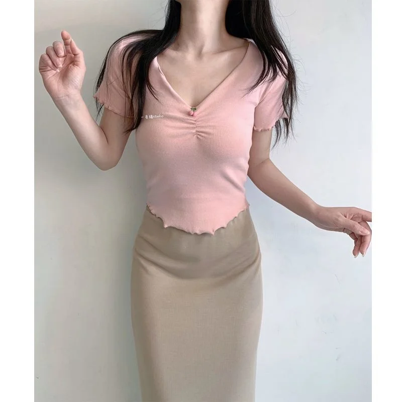 2023 Summer Pure Sexy Slim Top Sleeve Soft V-neck Shirt Short Style for Tops T-shirts Women Clothing Camisetas Ropa Mujer