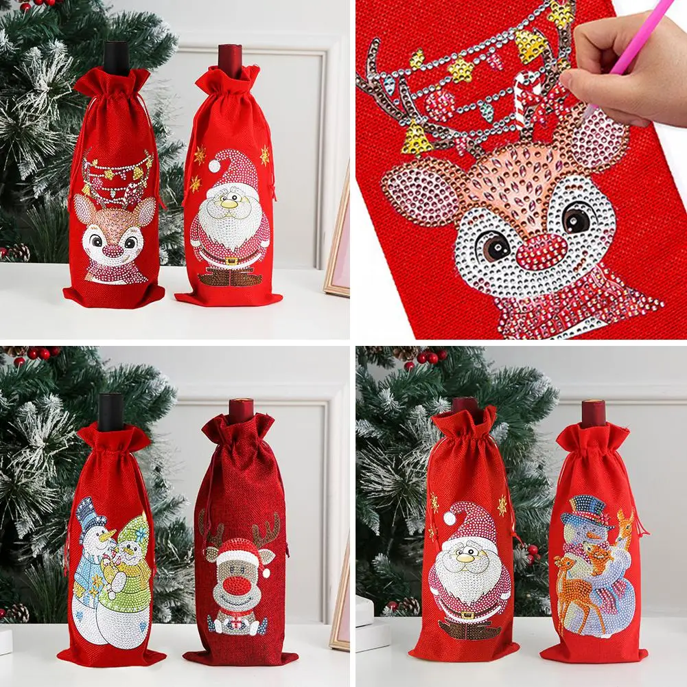 Christmas Wine Bags Reusable Wine Bottle Gift Bags Diamond Snowman Santa Reindeer Drawstring Bags For Christmas Decorations V1N8