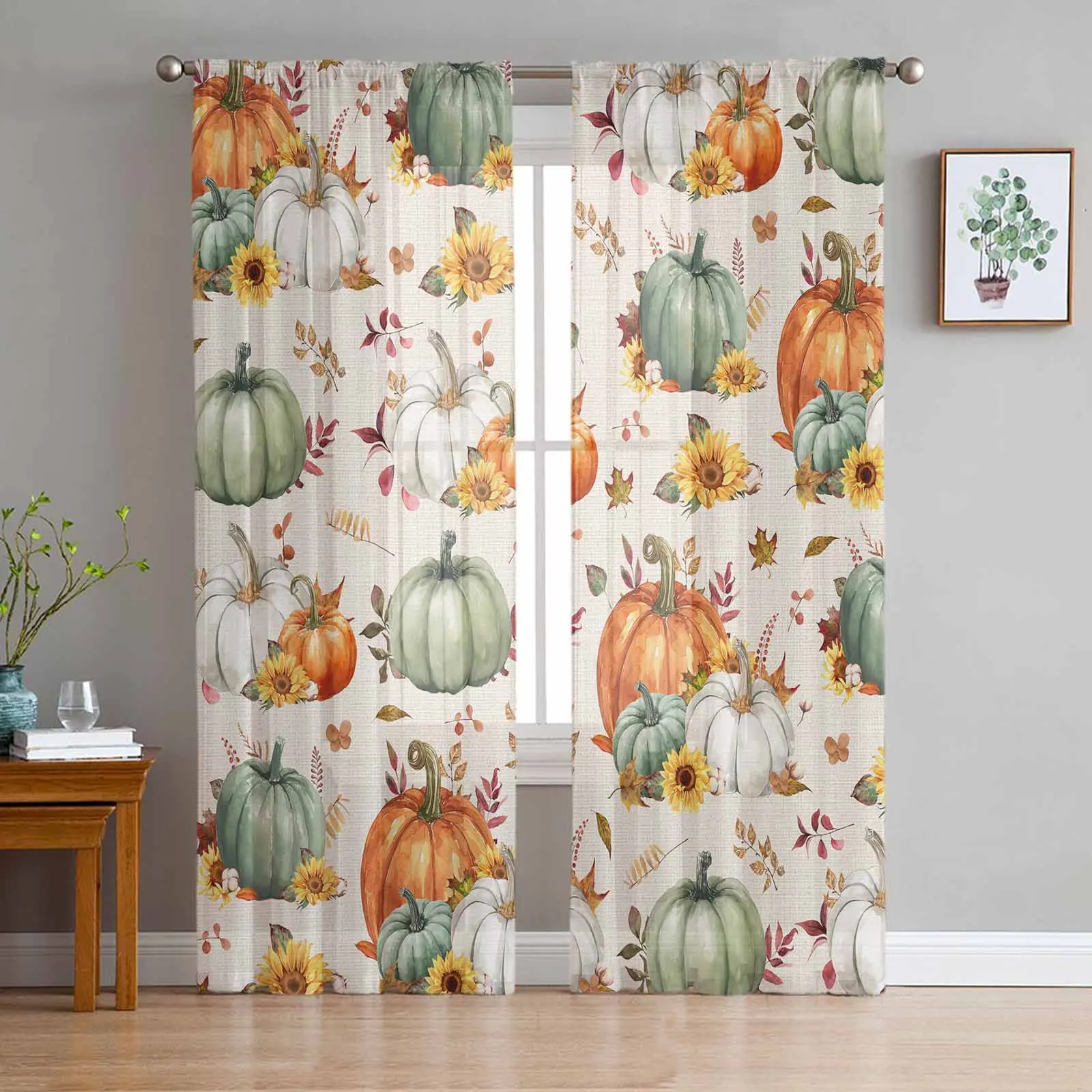 

Thanksgiving Autumn Sunflowers Curtains Living Room Bedroom Kitchen Decoration Window Voiles Organza Tulle Curtain