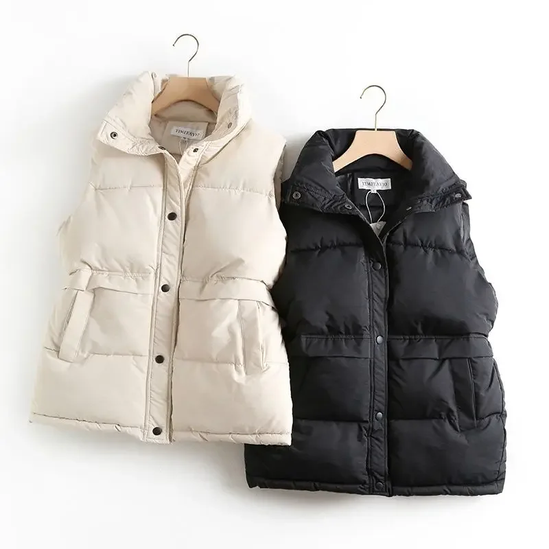 Women Parkas Stand Collar Single Breasted Coats Autumn Winter Vest Coat Sleeveless Casual Vests Elegant Jackets Thick Warm