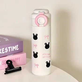 귀여운 스테인레스 스틸 물병, 차 주스 텀블러, 빨대 손잡이가 달린 커피 보온병, 여아용 귀여운 병, 500ml 