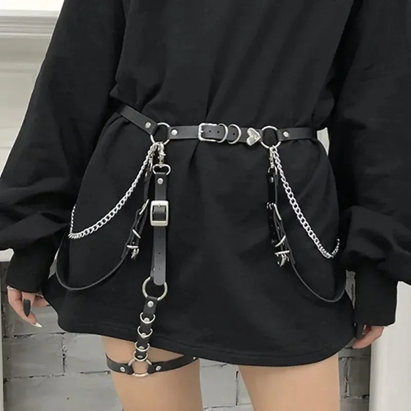 Women Skirt Belt Female Pu Leather Hip Hop Rock Nightclub Sexy Jeans Dress Heart Punk Belt with Metal Waist Chain