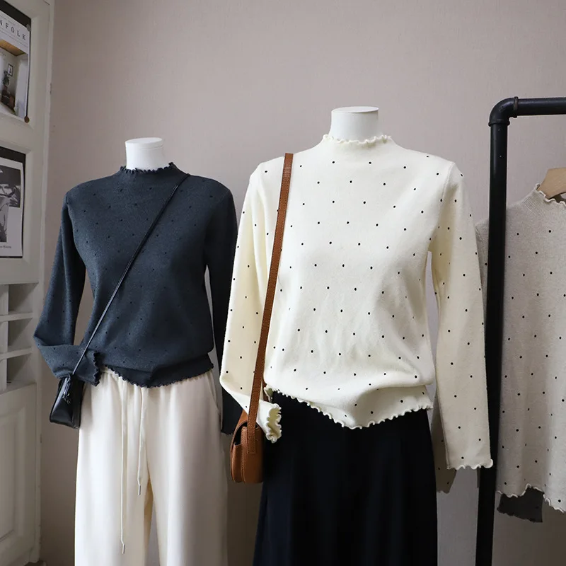 Maglieria dolce e morbida a pois Strato base da donna f Collo alto Versatile dimagrante Boting irt Tessuto lavorato a maglia cinese