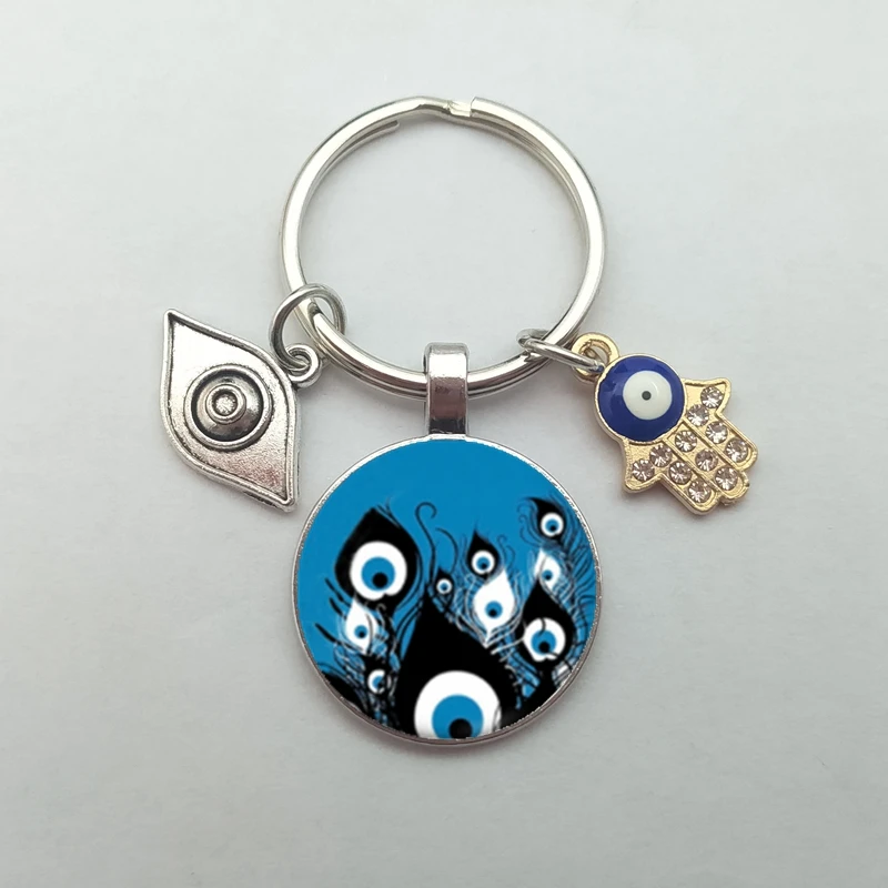 Beautiful Blue Evil Eye Religious Photo Round Glass Keychain Evil Eye Pendant Keyring Eyelashes Big Evil Keychain Jewelry Gift