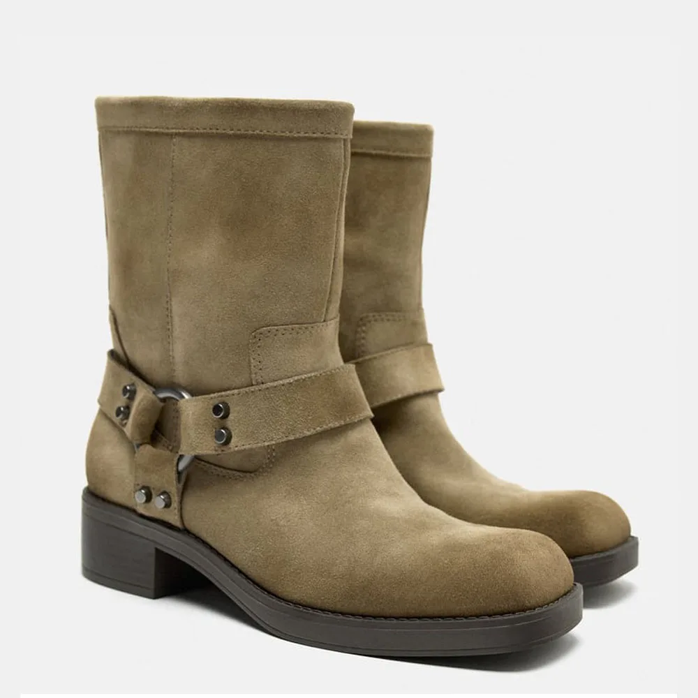 

FWRD Women's Light Beige Suede Ankle Boots, Buckle Strap Design, Block Heel Soft Lined & Comfy for Fall Winter Wear #FWRD000387