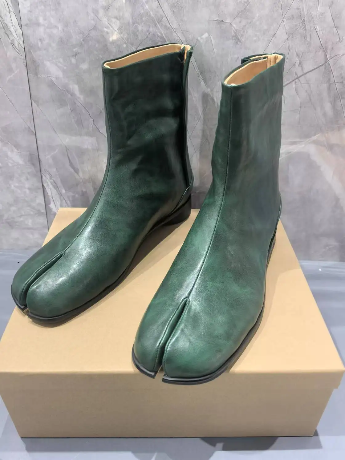 Green Leather Mid Calf Boots with Unique Split Toe Flat Heel for Comfort Versatile Daily Wear Casual Outings Forward Looks