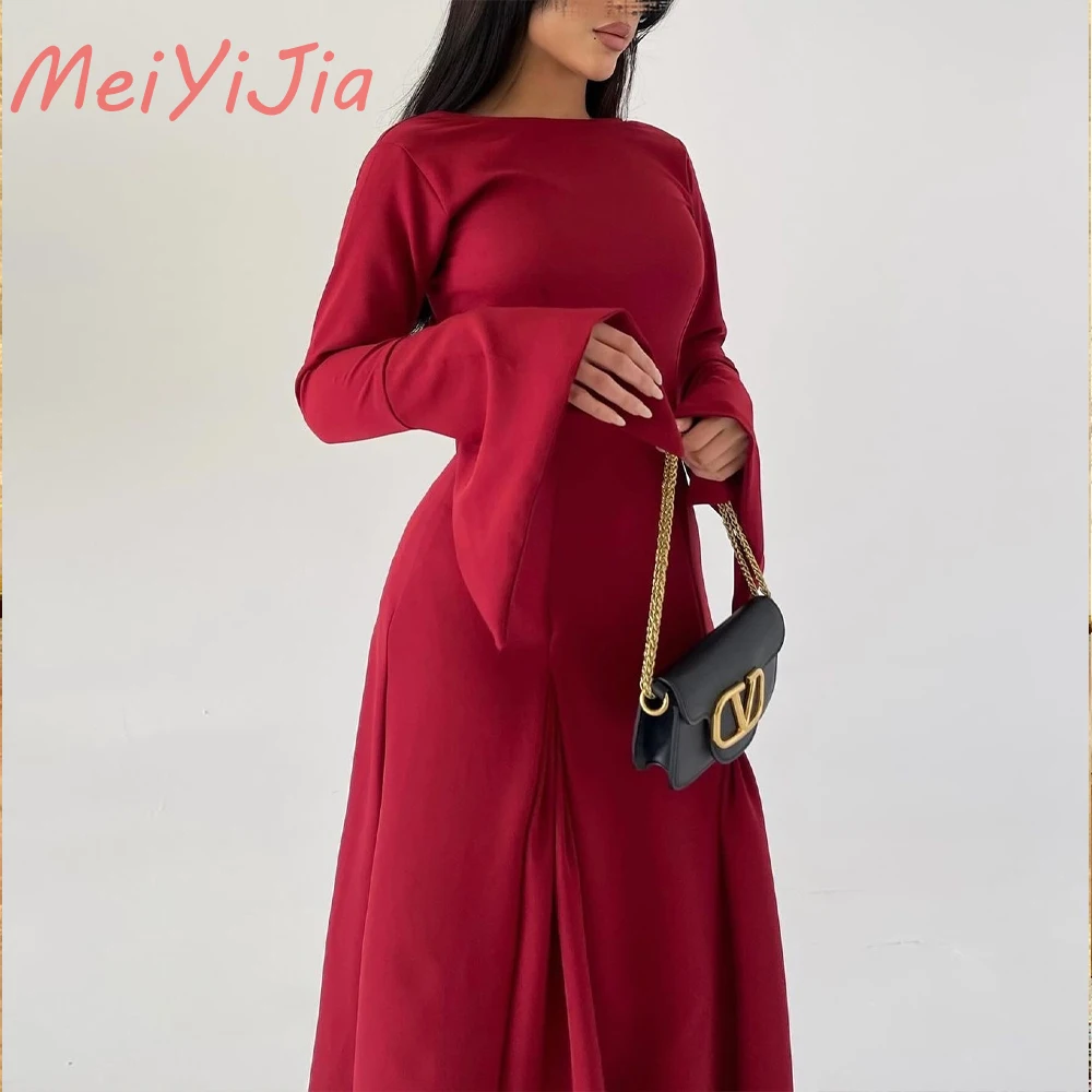 Meiyijia Boat-Neck Crepe Ruffles A-Line Long-Sleeves Floor-Length robes de soirée فساتين سهرة  Arabia 2024 Sexy Evening Dresses