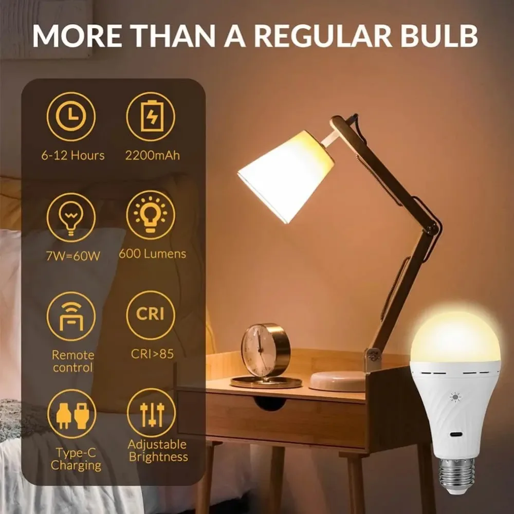 USB 7W Battery Powered Light Bulbs E27 Touch Control Dimmable Outdoor Camping Emergency Light Bulb with Hook,Warm +White Light