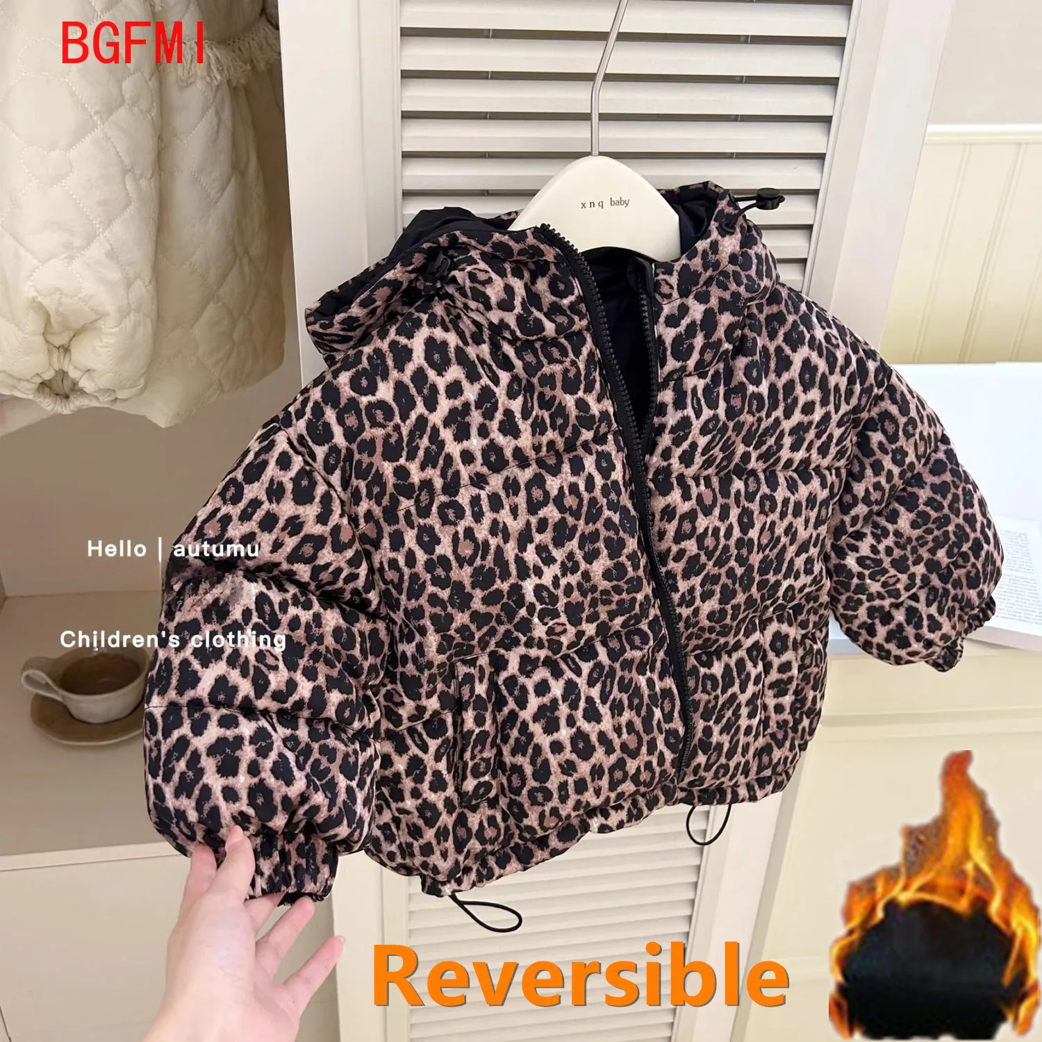 

Teenager Leopard Print Cotton Padded Clothing Big Girls Winter Coat for Kids Boys Hooded Reversible Jacket Warm Thick Outerwear