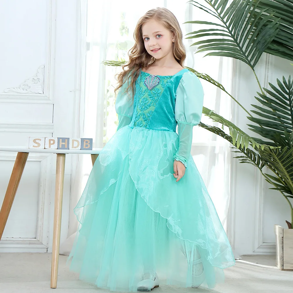 Ariel Costume For Girls Princess Dress Green Long Sleeve Ball Gown Party Cosplay Outfit Little Mermaid Dress Halloween Gift