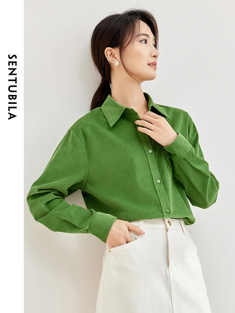 SENTUBILA Women\'s Cotton Corduroy Shirt Lapel Single Breasted Spring Green Loose Blouse Women 2024 Long Sleeve Top 133C51681