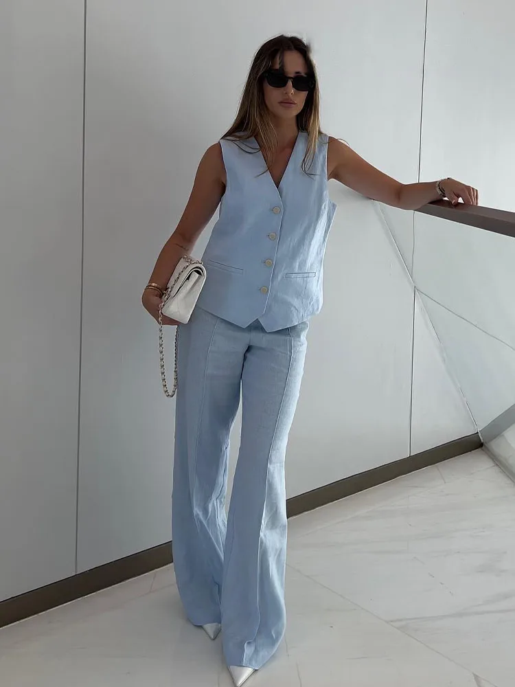 HH Moda femminile tre colori solidi set da 2 pezzi sexy scollo a V senza maniche giacca di lino gilet top + abito sottile pantaloni a gamba larga