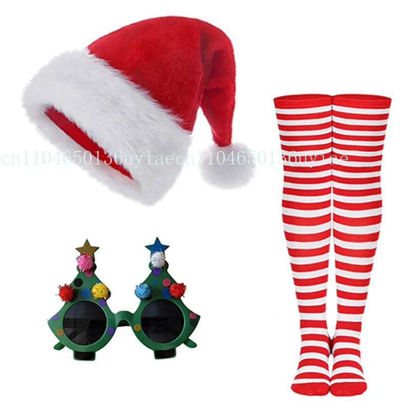 

Santa Claus Cosplay Hat,Glasses and Striped Long Socks Green Christmas Tree Unisex Halloween Carnival Prop Accessories