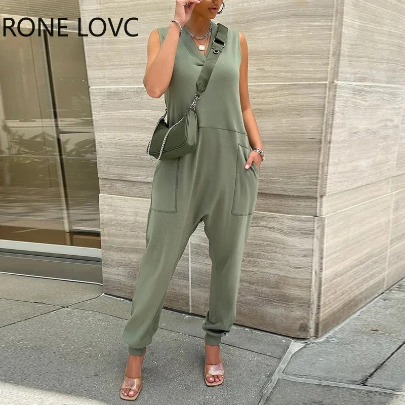 

Women Elegant Solid Sleeveless Big Pocket V Neck Casual Staight Jumpsuits