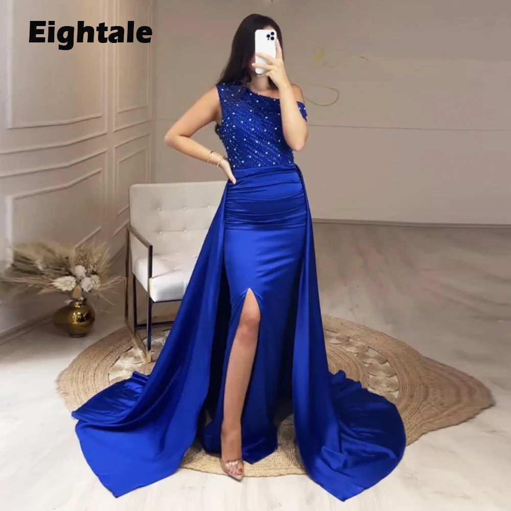 

Eightale Royal Blue Prom Dresses for Wedding Satin One Shoulder Beaded Evening Gown Dubai Side Slit Party Dress robes de soirée