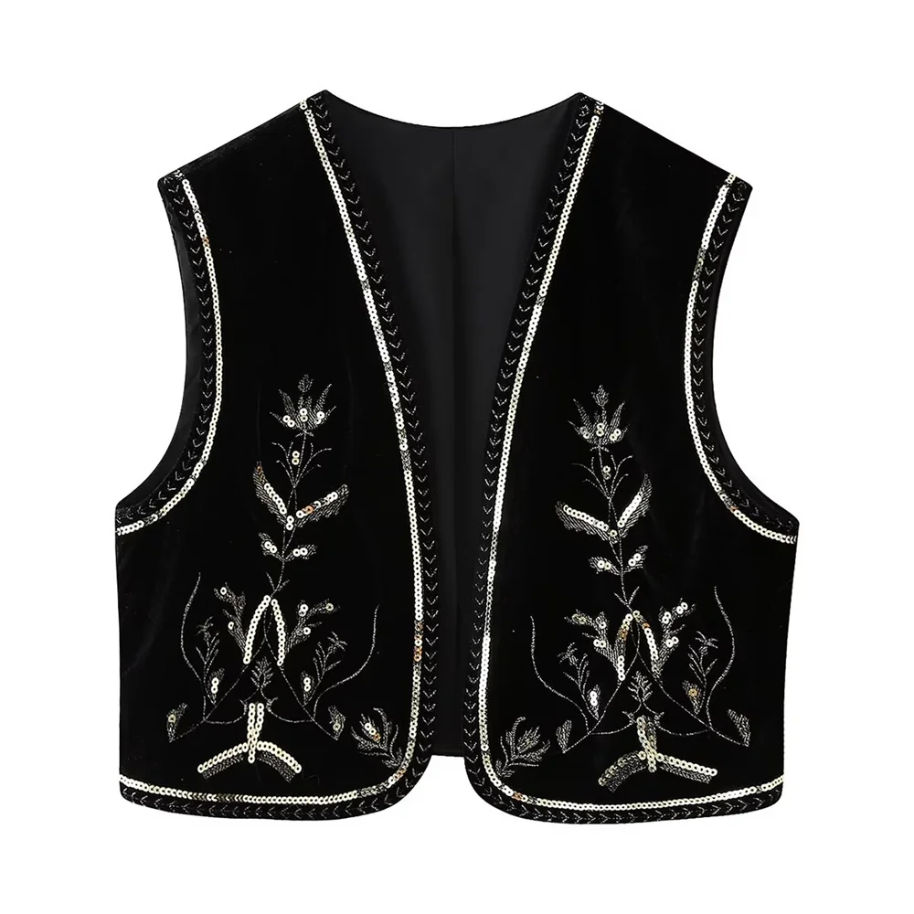 

Taop&Za Women's Winter New Casual Versatile Short Velvet Bead Embroidered Tank Top Coat